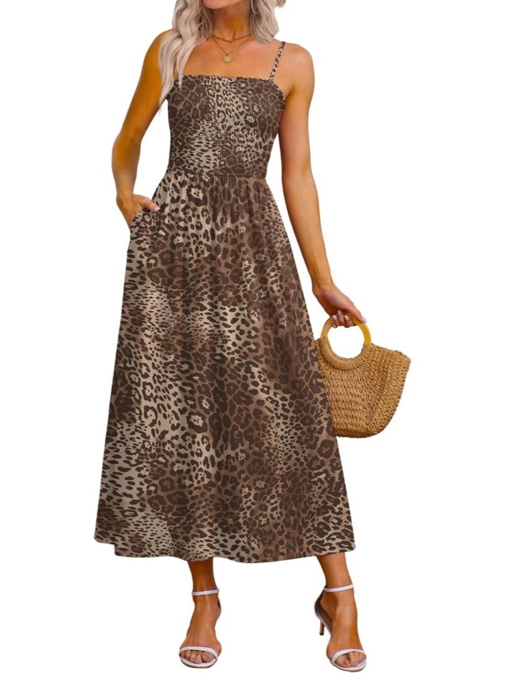 Women's Cheetah Print Spaghetti Strap Smocked Casual Boho Beach Long Maxi Dress